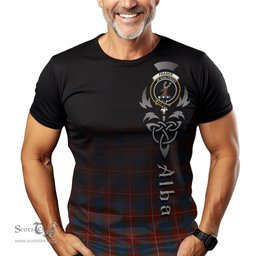 ScotsTee Shop Scottish Fraser Ancient Clan Crest Tartan T Shirt Featuring Alba Gu Brath Scotland Forever and Ever Celtic Cross