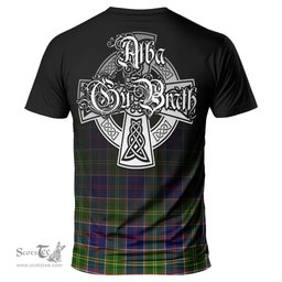 ScotsTee Shop Scottish Dalrymple Clan Crest Tartan T Shirt Featuring Alba Gu Brath Scotland Forever and Ever Celtic Cross