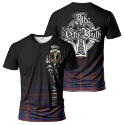 ScotsTee Shop Scottish Chisholm Hunting Modern Clan Crest Tartan T Shirt Featuring Alba Gu Brath Scotland Forever and Ever Celtic Cross