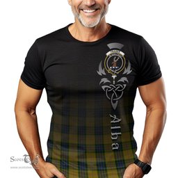 ScotsTee Shop Scottish Fraser Yellow Clan Crest Tartan T Shirt Featuring Alba Gu Brath Scotland Forever and Ever Celtic Cross