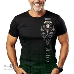 ScotsTee Shop Scottish Dunbar Hunting Clan Crest Tartan T Shirt Featuring Alba Gu Brath Scotland Forever and Ever Celtic Cross