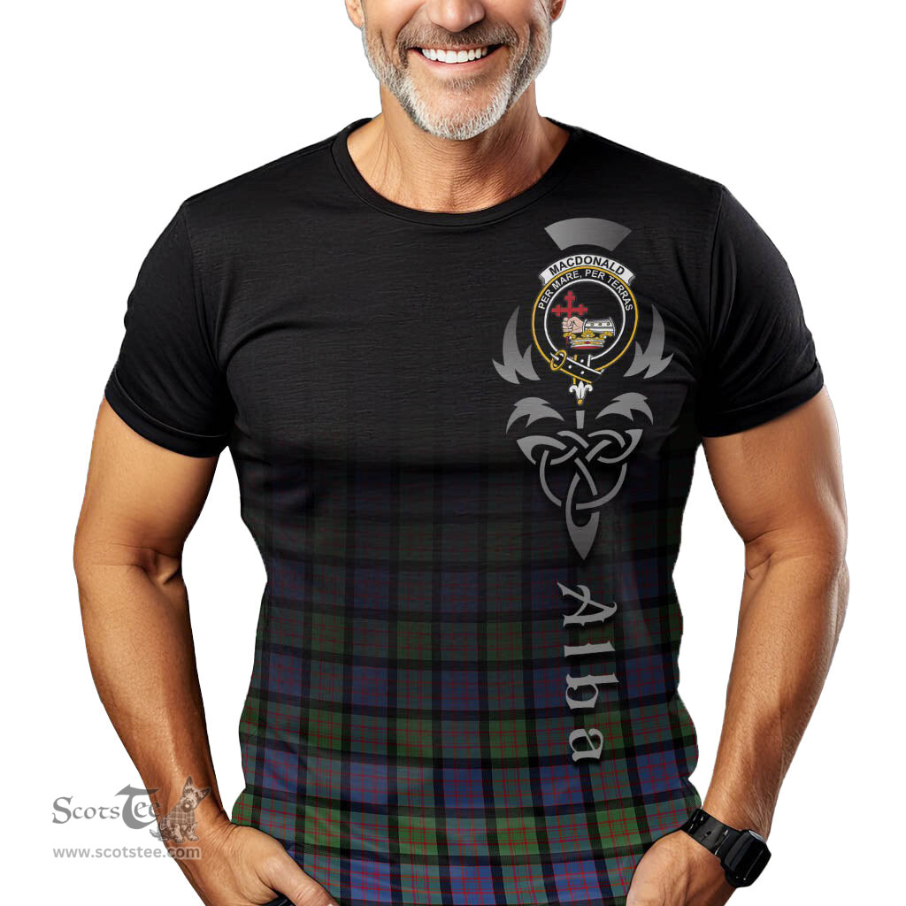 ScotsTee Shop Scottish MacDonald Ancient Clan Crest Tartan T Shirt Featuring Alba Gu Brath Scotland Forever and Ever Celtic Cross