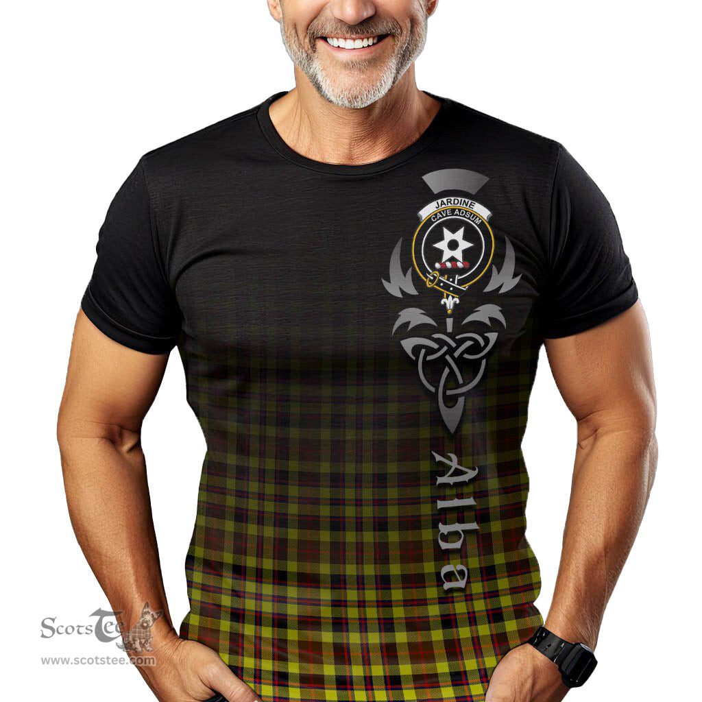 ScotsTee Shop Scottish Jardine Modern Clan Crest Tartan T Shirt Featuring Alba Gu Brath Scotland Forever and Ever Celtic Cross