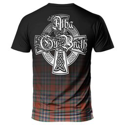 ScotsTee Shop Scottish MacFarlane Ancient Clan Crest Tartan T Shirt Featuring Alba Gu Brath Scotland Forever and Ever Celtic Cross