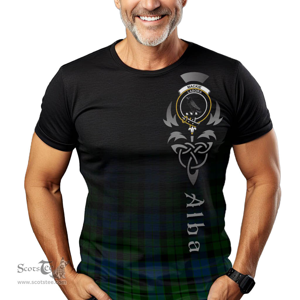 ScotsTee Shop Scottish MacKie Clan Crest Tartan T Shirt Featuring Alba Gu Brath Scotland Forever and Ever Celtic Cross