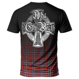 ScotsTee Shop Scottish MacFarlane Modern Clan Crest Tartan T Shirt Featuring Alba Gu Brath Scotland Forever and Ever Celtic Cross