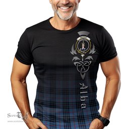 ScotsTee Shop Scottish MacKay Blue Clan Crest Tartan T Shirt Featuring Alba Gu Brath Scotland Forever and Ever Celtic Cross