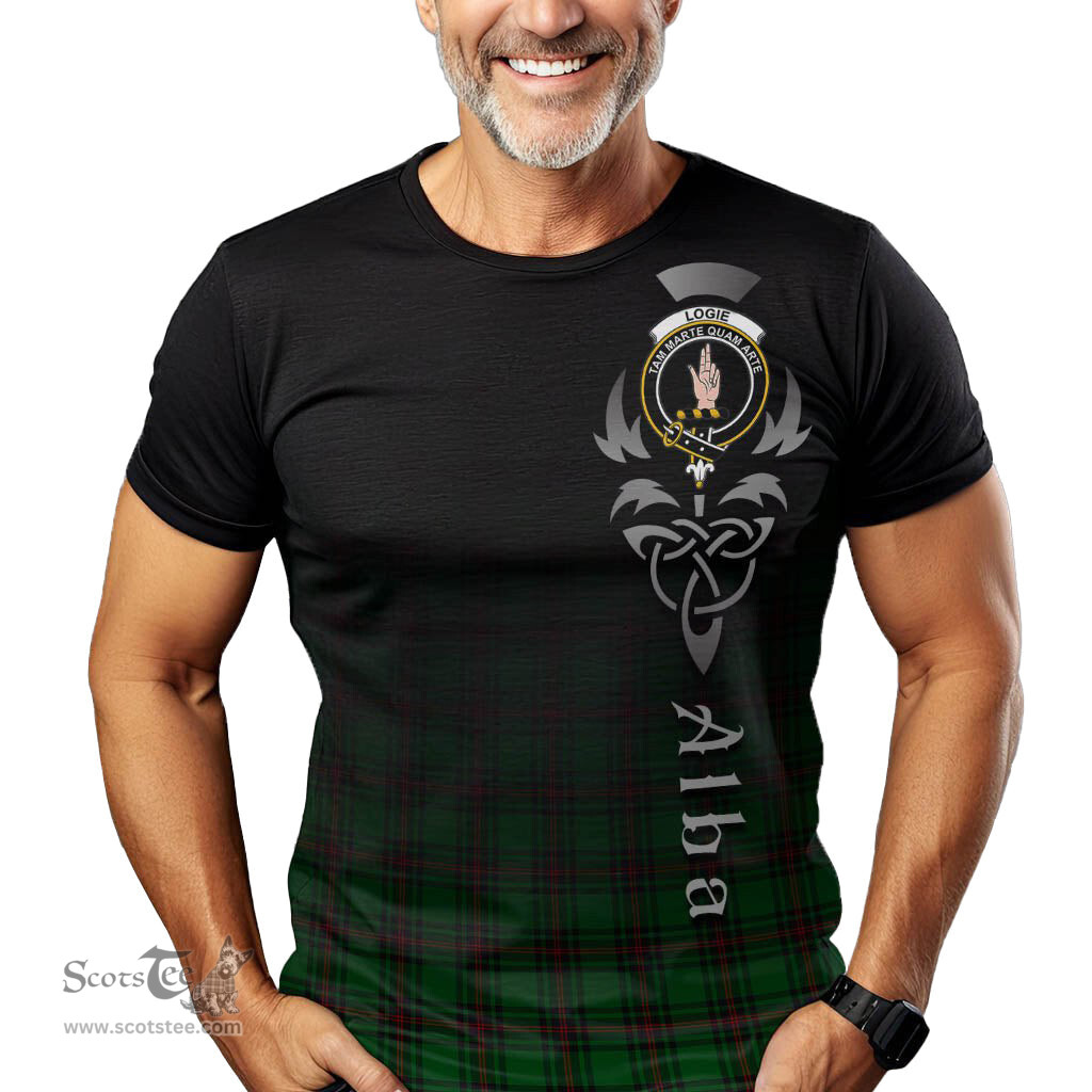 ScotsTee Shop Scottish Logie Clan Crest Tartan T Shirt Featuring Alba Gu Brath Scotland Forever and Ever Celtic Cross