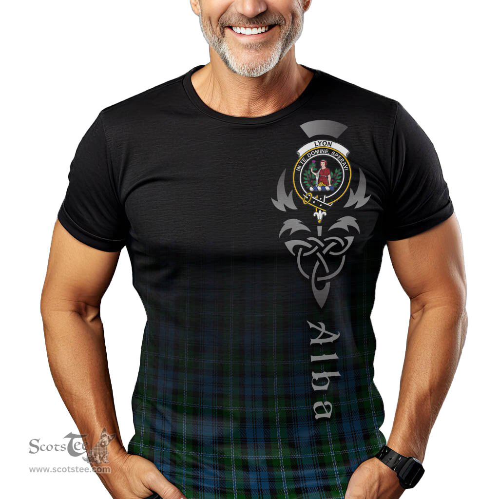 ScotsTee Shop Scottish Lyon Clan Crest Tartan T Shirt Featuring Alba Gu Brath Scotland Forever and Ever Celtic Cross