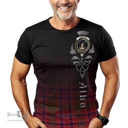ScotsTee Shop Scottish Lumsden Modern Clan Crest Tartan T Shirt Featuring Alba Gu Brath Scotland Forever and Ever Celtic Cross