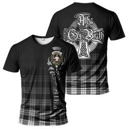 ScotsTee Shop Scottish MacFarlane Black White Clan Crest Tartan T Shirt Featuring Alba Gu Brath Scotland Forever and Ever Celtic Cross