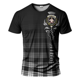 ScotsTee Shop Scottish MacFarlane Black White Clan Crest Tartan T Shirt Featuring Alba Gu Brath Scotland Forever and Ever Celtic Cross