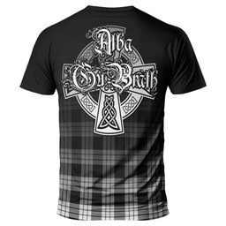 ScotsTee Shop Scottish MacFarlane Black White Clan Crest Tartan T Shirt Featuring Alba Gu Brath Scotland Forever and Ever Celtic Cross