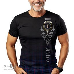 ScotsTee Shop Scottish MacKay Blue Modern Clan Crest Tartan T Shirt Featuring Alba Gu Brath Scotland Forever and Ever Celtic Cross
