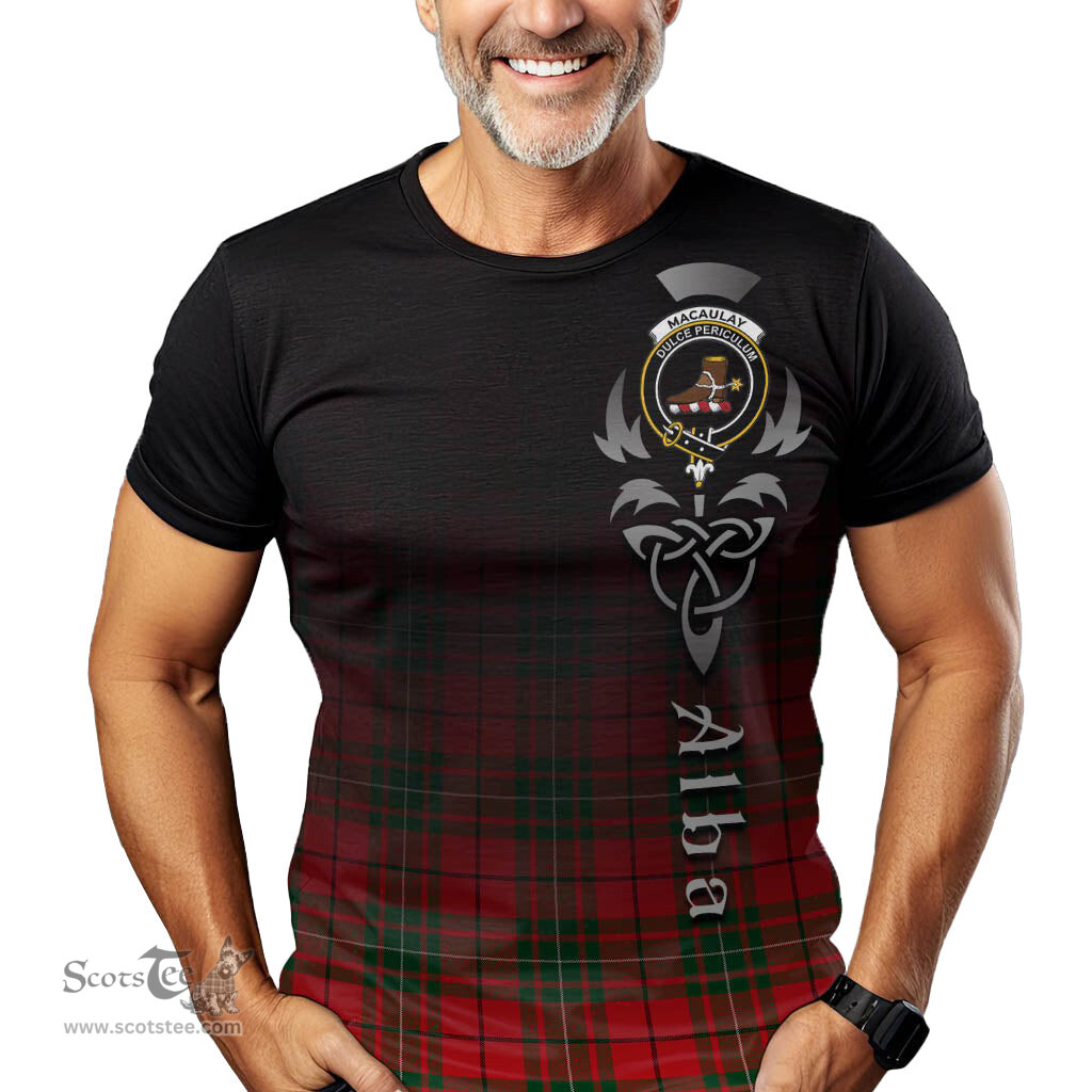 ScotsTee Shop Scottish MacAulay Modern Clan Crest Tartan T Shirt Featuring Alba Gu Brath Scotland Forever and Ever Celtic Cross