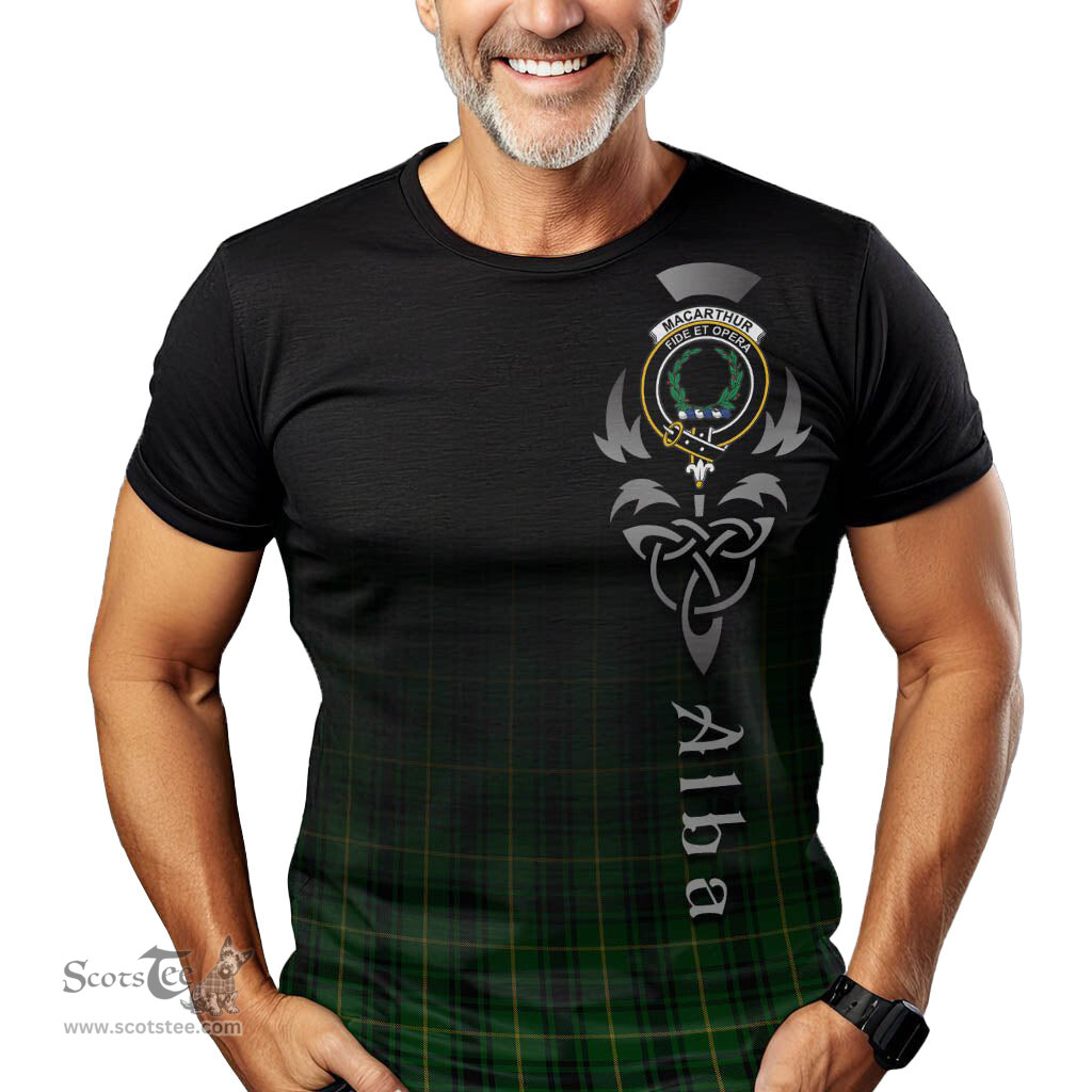 ScotsTee Shop Scottish MacArthur Clan Crest Tartan T Shirt Featuring Alba Gu Brath Scotland Forever and Ever Celtic Cross