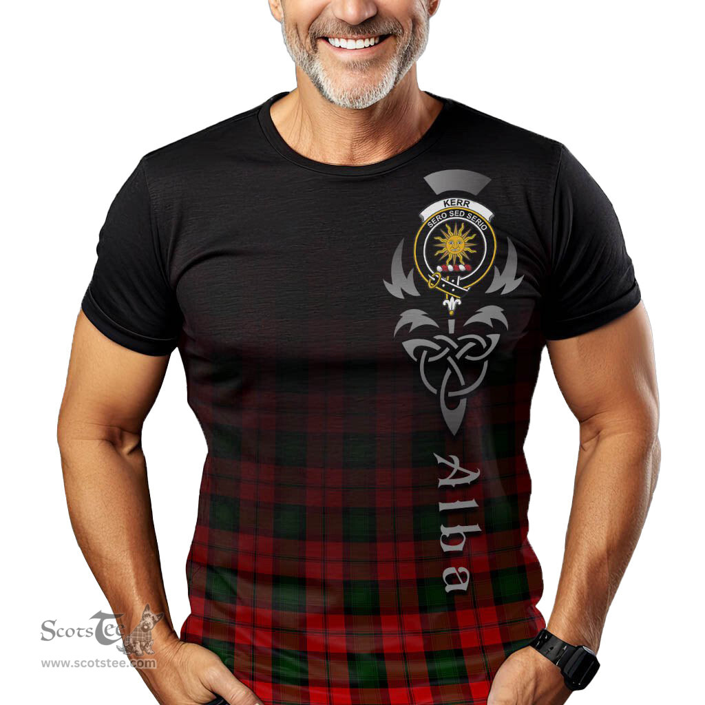 ScotsTee Shop Scottish Kerr Modern Clan Crest Tartan T Shirt Featuring Alba Gu Brath Scotland Forever and Ever Celtic Cross
