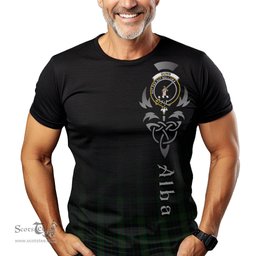 ScotsTee Shop Scottish Gunn Logan Clan Crest Tartan T Shirt Featuring Alba Gu Brath Scotland Forever and Ever Celtic Cross