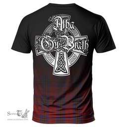 ScotsTee Shop Scottish Leslie Red Clan Crest Tartan T Shirt Featuring Alba Gu Brath Scotland Forever and Ever Celtic Cross