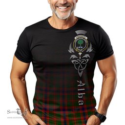 ScotsTee Shop Scottish Kinninmont Clan Crest Tartan T Shirt Featuring Alba Gu Brath Scotland Forever and Ever Celtic Cross