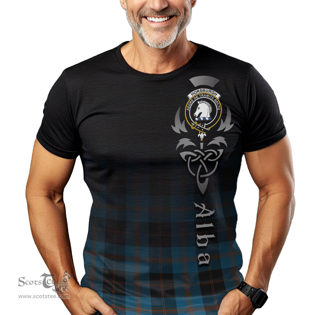 ScotsTee Shop Scottish Horsburgh Clan Crest Tartan T Shirt Featuring Alba Gu Brath Scotland Forever and Ever Celtic Cross