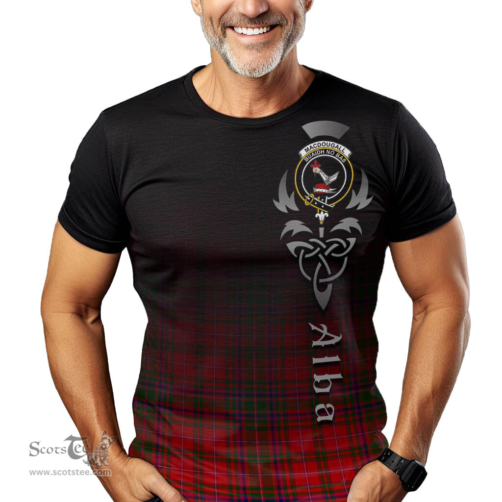 ScotsTee Shop Scottish MacDougall Modern Clan Crest Tartan T Shirt Featuring Alba Gu Brath Scotland Forever and Ever Celtic Cross