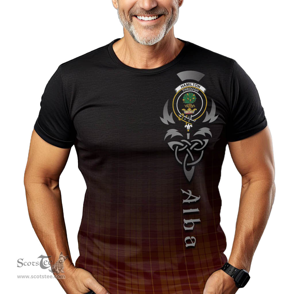 ScotsTee Shop Scottish Hamilton Red Clan Crest Tartan T Shirt Featuring Alba Gu Brath Scotland Forever and Ever Celtic Cross