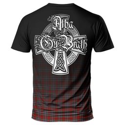 ScotsTee Shop Scottish MacFarlane Red Clan Crest Tartan T Shirt Featuring Alba Gu Brath Scotland Forever and Ever Celtic Cross