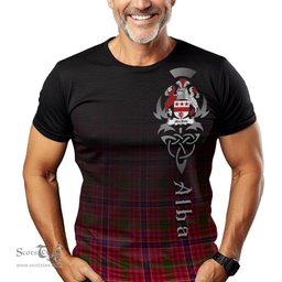 ScotsTee Shop Scottish MacRow Clan Crest Tartan T Shirt Featuring Alba Gu Brath Scotland Forever and Ever Celtic Cross