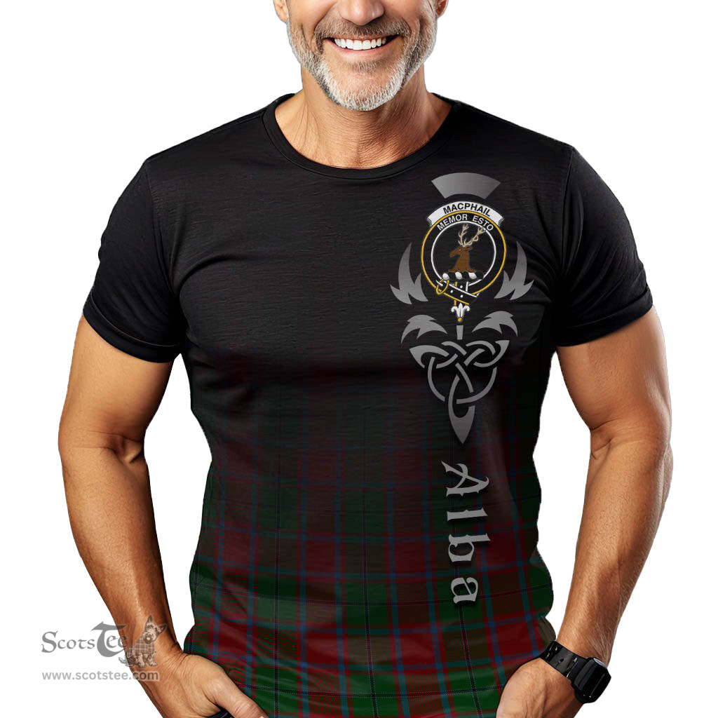 ScotsTee Shop Scottish MacPhail Blue Bands Clan Crest Tartan T Shirt Featuring Alba Gu Brath Scotland Forever and Ever Celtic Cross