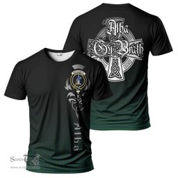 ScotsTee Shop Scottish Montgomery Clan Crest Tartan T Shirt Featuring Alba Gu Brath Scotland Forever and Ever Celtic Cross