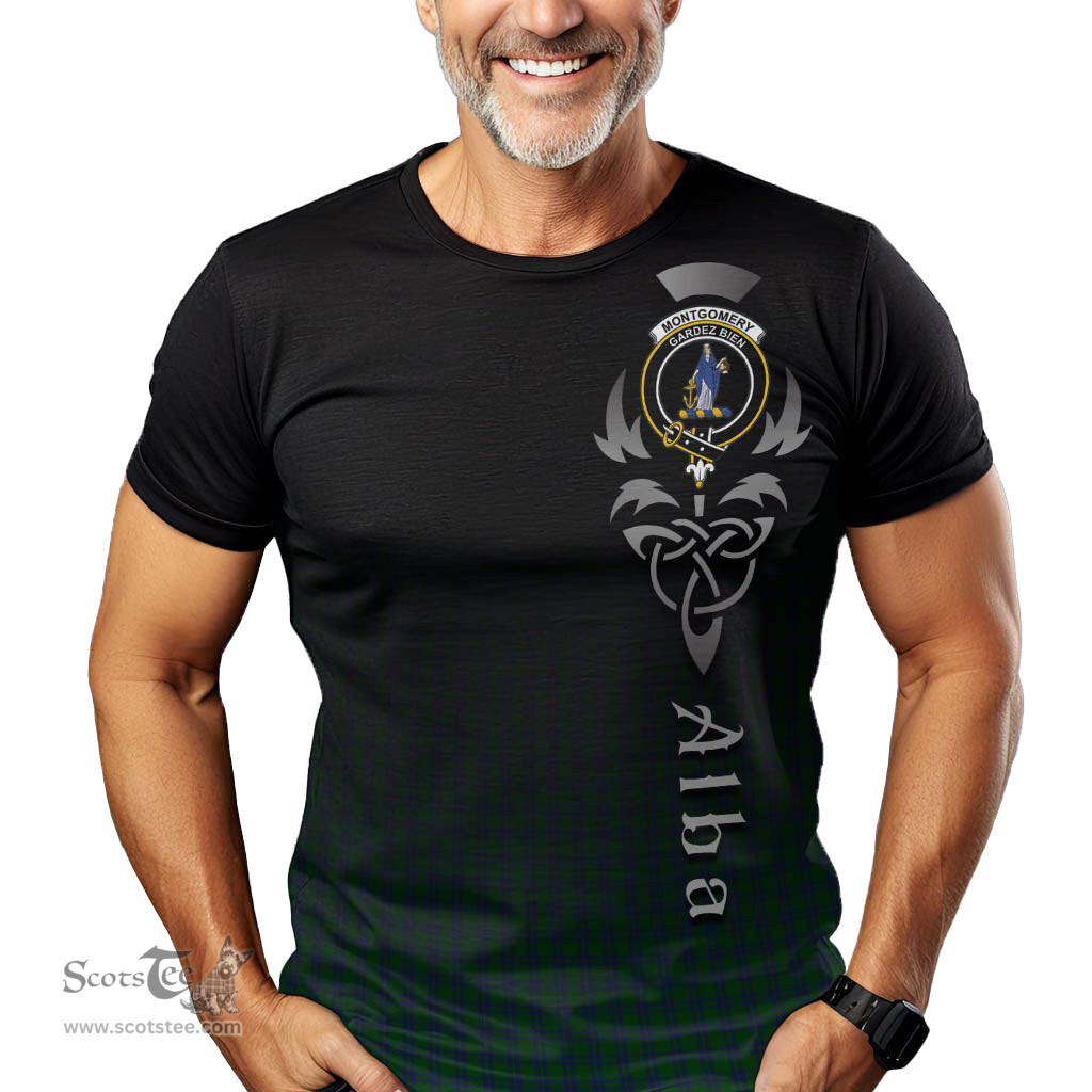 ScotsTee Shop Scottish Montgomery Clan Crest Tartan T Shirt Featuring Alba Gu Brath Scotland Forever and Ever Celtic Cross