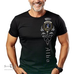 ScotsTee Shop Scottish Montgomery Clan Crest Tartan T Shirt Featuring Alba Gu Brath Scotland Forever and Ever Celtic Cross