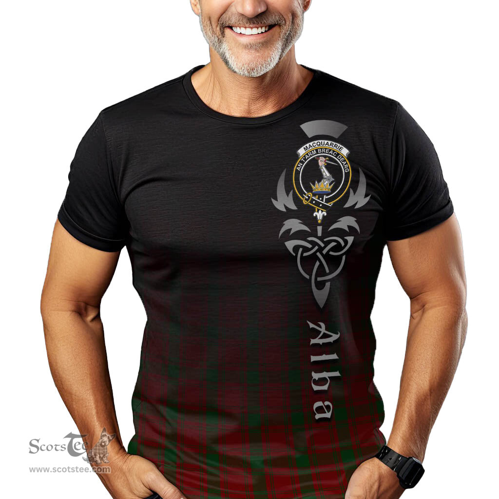 ScotsTee Shop Scottish MacQuarrie Clan Crest Tartan T Shirt Featuring Alba Gu Brath Scotland Forever and Ever Celtic Cross