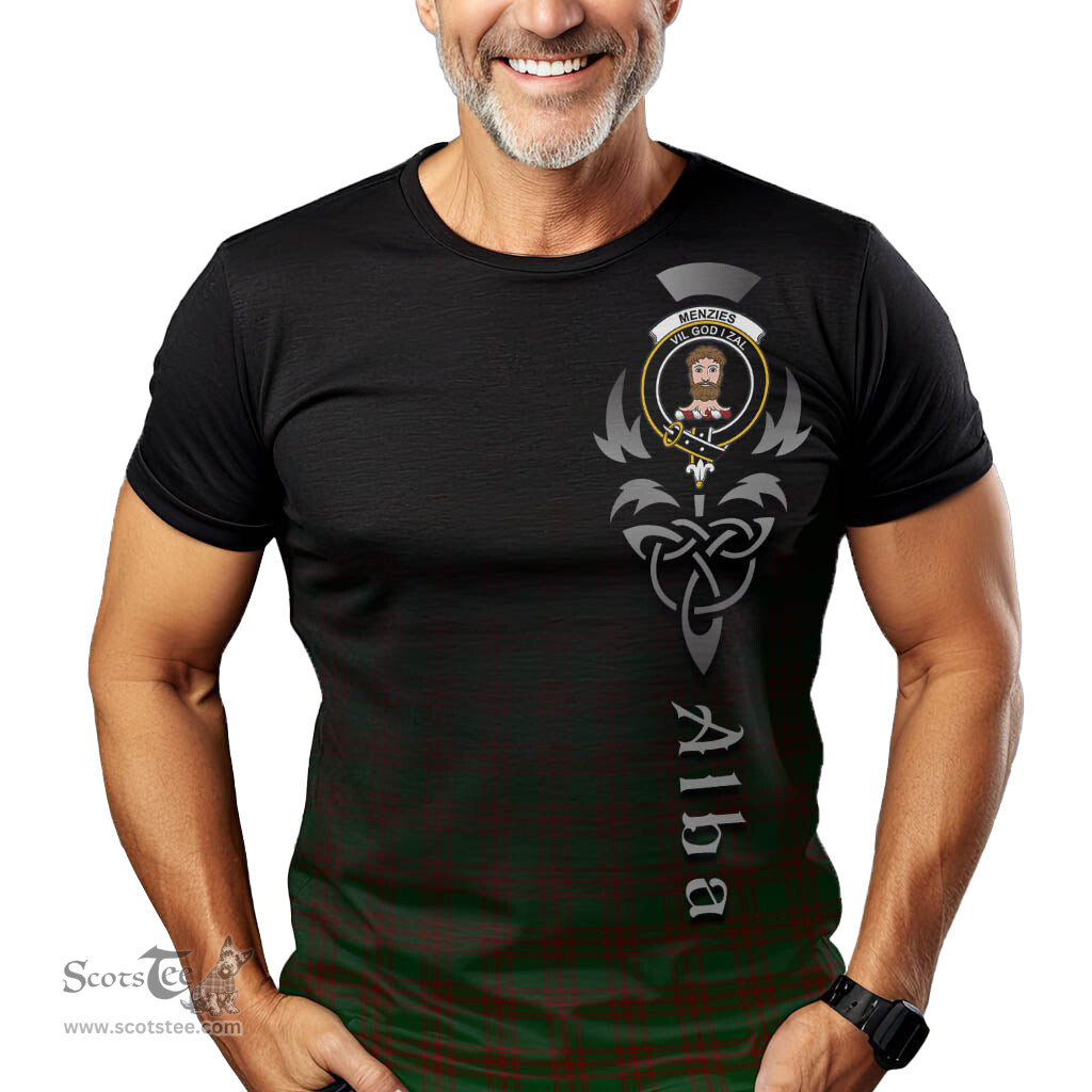 ScotsTee Shop Scottish Menzies Clan Crest Tartan T Shirt Featuring Alba Gu Brath Scotland Forever and Ever Celtic Cross