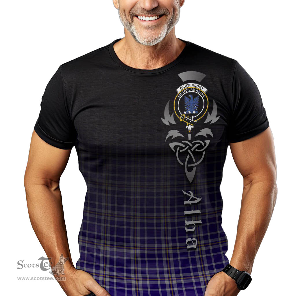 ScotsTee Shop Scottish Ochterlony Clan Crest Tartan T Shirt Featuring Alba Gu Brath Scotland Forever and Ever Celtic Cross