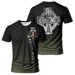 ScotsTee Shop Scottish Menzies Green Ancient Clan Crest Tartan T Shirt Featuring Alba Gu Brath Scotland Forever and Ever Celtic Cross