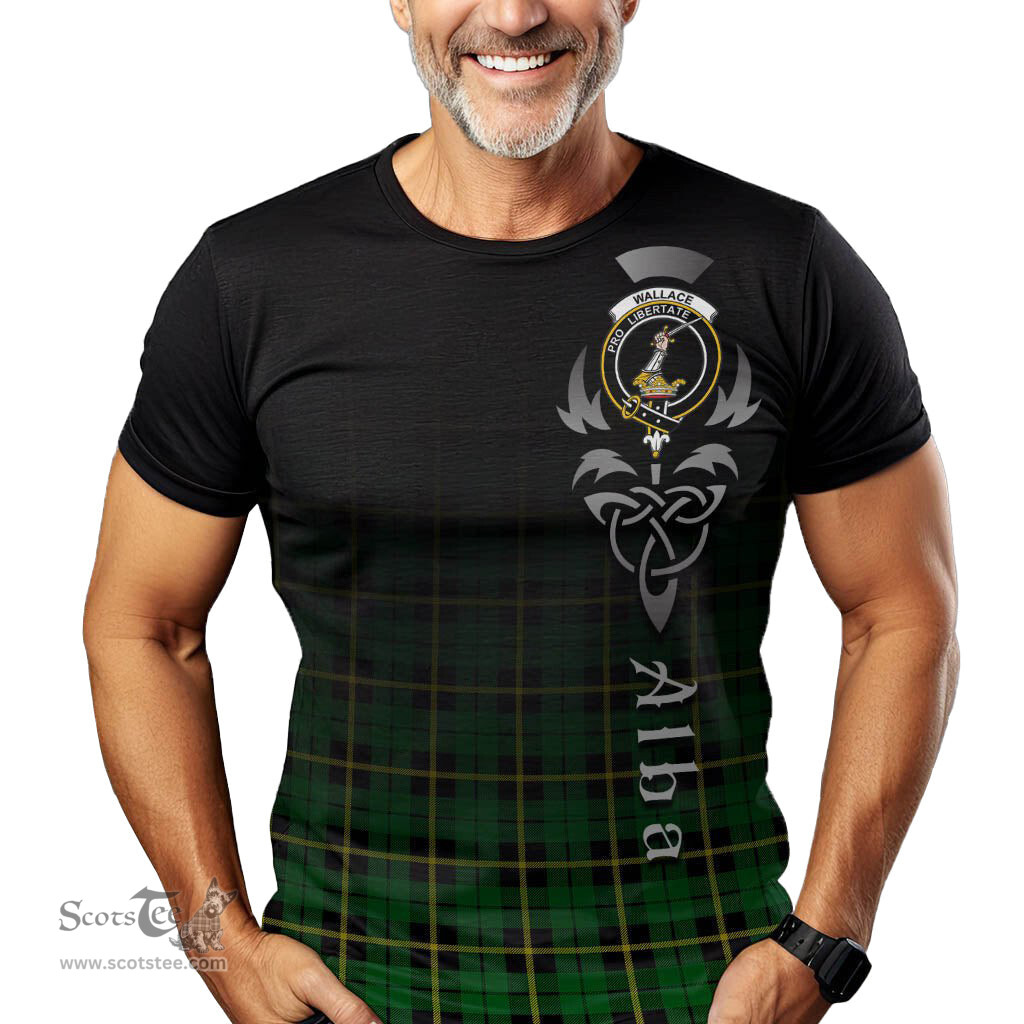 ScotsTee Shop Scottish Wallace Hunting Green Clan Crest Tartan T Shirt Featuring Alba Gu Brath Scotland Forever and Ever Celtic Cross