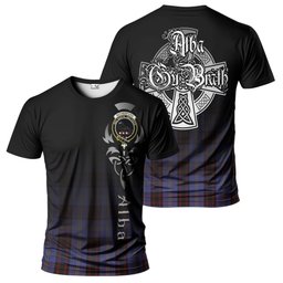 ScotsTee Shop Scottish Rutherford Clan Crest Tartan T Shirt Featuring Alba Gu Brath Scotland Forever and Ever Celtic Cross