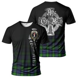 ScotsTee Shop Scottish Meldrum Clan Crest Tartan T Shirt Featuring Alba Gu Brath Scotland Forever and Ever Celtic Cross