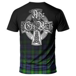 ScotsTee Shop Scottish Meldrum Clan Crest Tartan T Shirt Featuring Alba Gu Brath Scotland Forever and Ever Celtic Cross