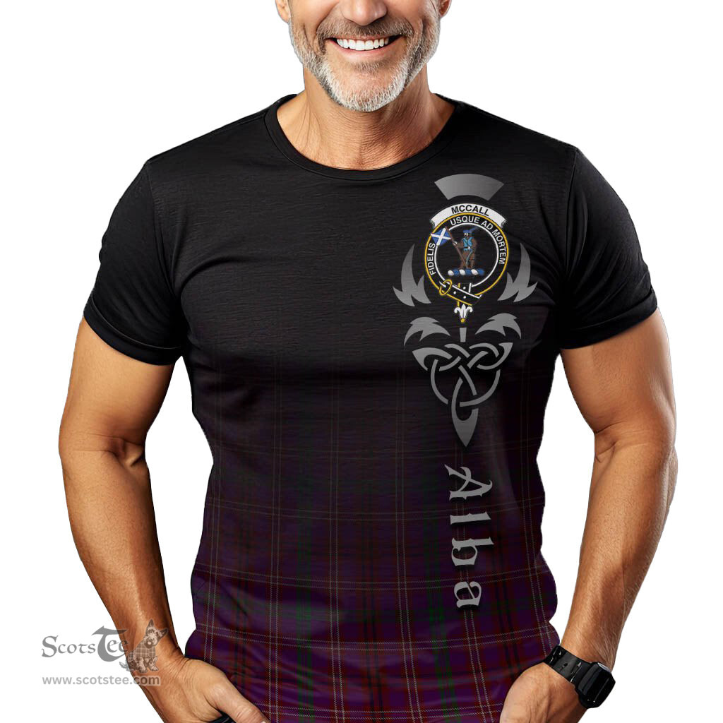 ScotsTee Shop Scottish McCall (Caithness) Clan Crest Tartan T Shirt Featuring Alba Gu Brath Scotland Forever and Ever Celtic Cross
