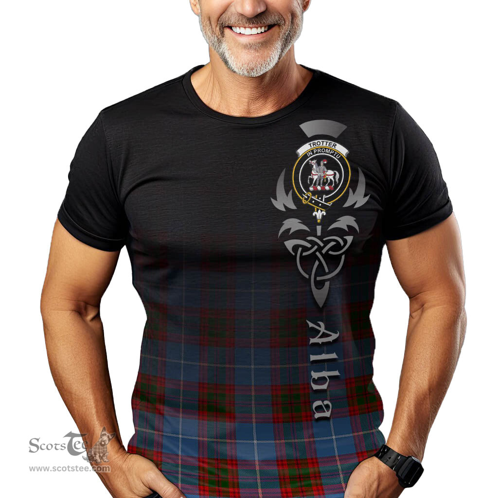 ScotsTee Shop Scottish Trotter Clan Crest Tartan T Shirt Featuring Alba Gu Brath Scotland Forever and Ever Celtic Cross