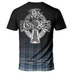 ScotsTee Shop Scottish Menzies Dress Blue and White Clan Crest Tartan T Shirt Featuring Alba Gu Brath Scotland Forever and Ever Celtic Cross