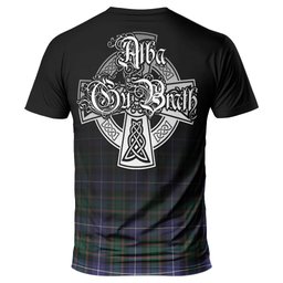 ScotsTee Shop Scottish MacRae Hunting Modern Clan Crest Tartan T Shirt Featuring Alba Gu Brath Scotland Forever and Ever Celtic Cross