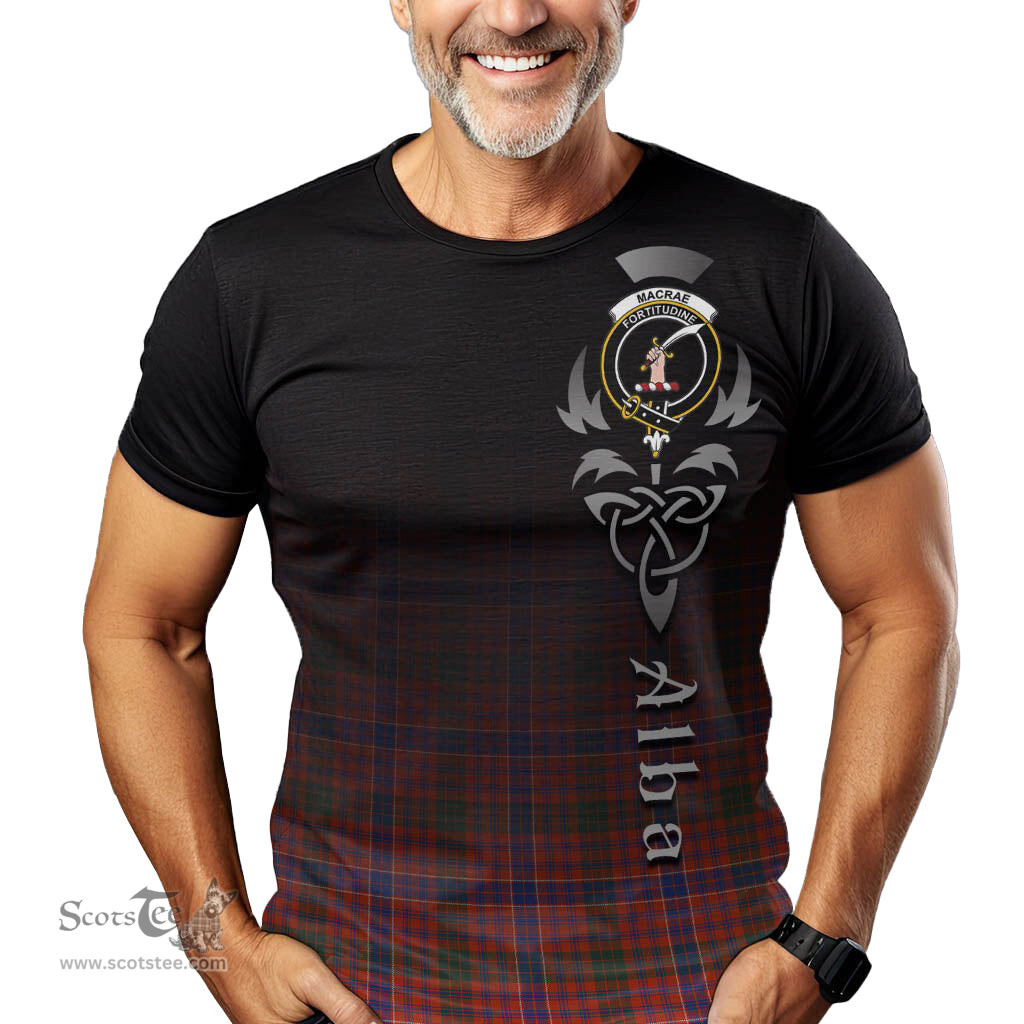ScotsTee Shop Scottish MacRae Ancient Clan Crest Tartan T Shirt Featuring Alba Gu Brath Scotland Forever and Ever Celtic Cross