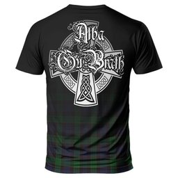 ScotsTee Shop Scottish Stewart Old Clan Crest Tartan T Shirt Featuring Alba Gu Brath Scotland Forever and Ever Celtic Cross