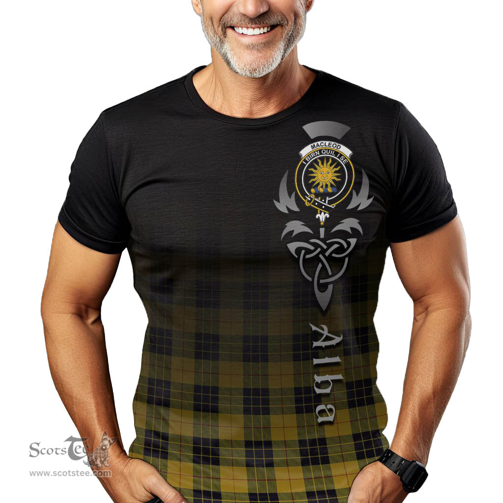 ScotsTee Shop Scottish MacLeod of Lewis Ancient Clan Crest Tartan T Shirt Featuring Alba Gu Brath Scotland Forever and Ever Celtic Cross