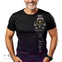 ScotsTee Shop Scottish Wardlaw Clan Crest Tartan T Shirt Featuring Alba Gu Brath Scotland Forever and Ever Celtic Cross