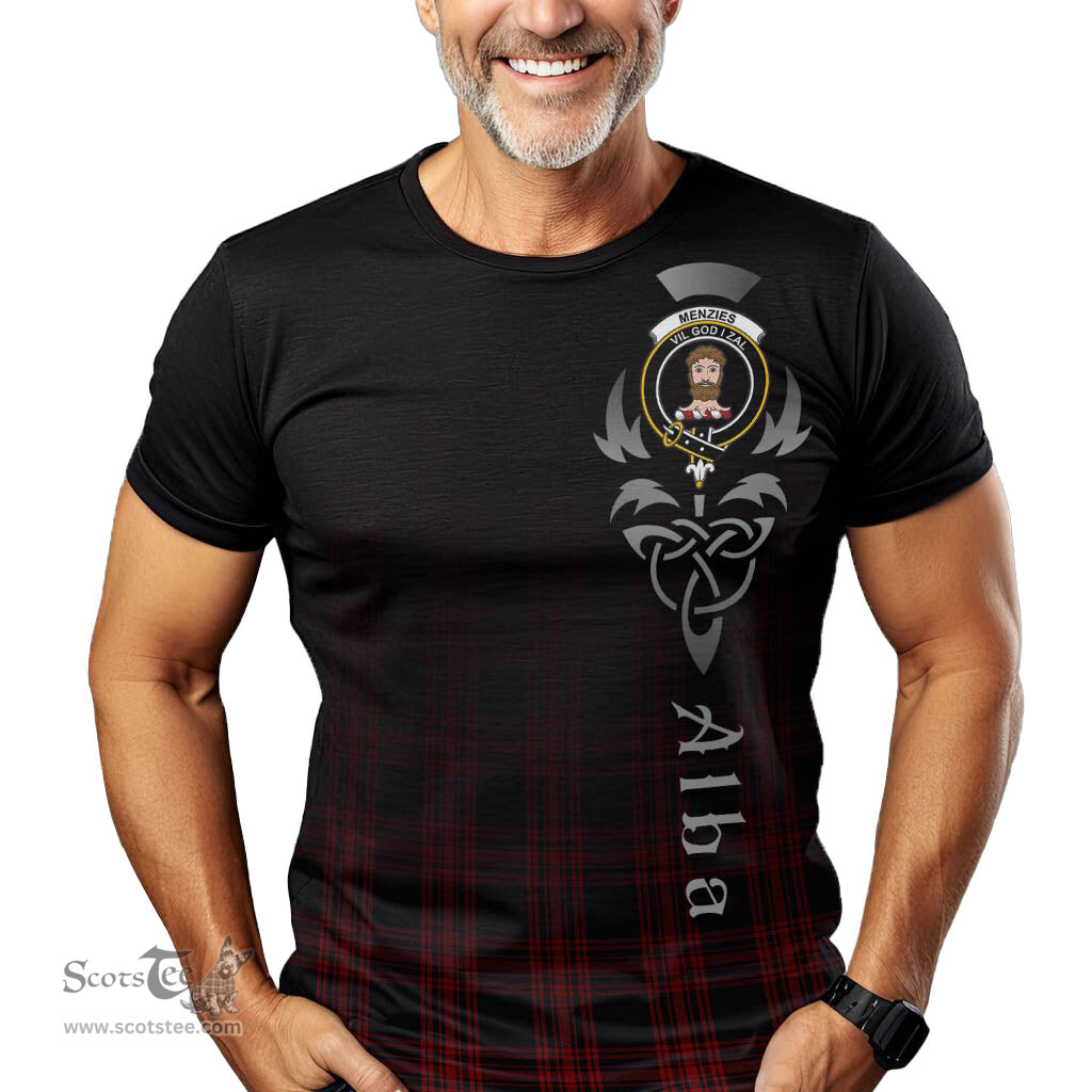 ScotsTee Shop Scottish Menzies Hunting Clan Crest Tartan T Shirt Featuring Alba Gu Brath Scotland Forever and Ever Celtic Cross